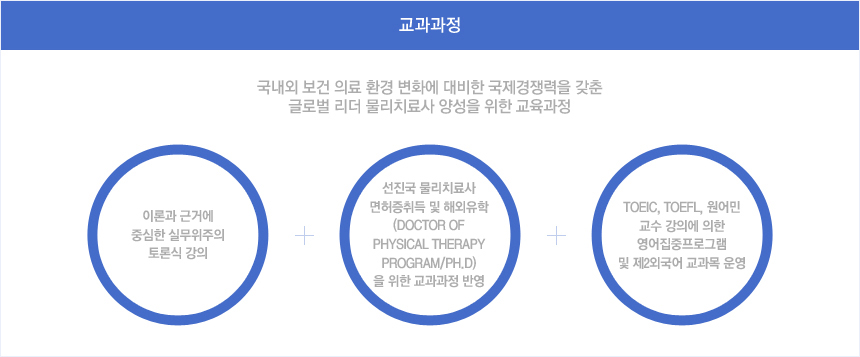 교과과정:국내외 보건 의료 환경 변화에 대비한 국제경쟁력을 갖춘 글로벌 리더 물리치료사 양성을 위한 교육과정
	(이론과 근거에 중심한 실무위주의 토론식 강의) + (선진국 물리치료사 면허증취득 및 해외유학(DOCTOR OF PHYSICAL THERAPY PROGRAM/RH.D)을 위한 교과과정 반영) + (TOIEC,TOEFL,원어민 교수 강의에 의한 영어집중프로그램 및 제2외국어 교과목 운영)